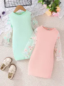 INCLUD Women Pack Of 2 Embroidered Puff Sleeve Bodycon Dress