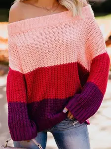 KPOP Women Colourblocked Off-Shoulder Pullover Sweater