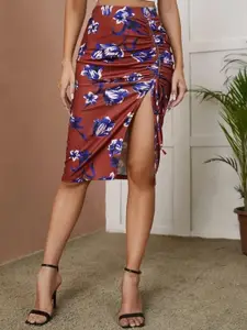 StyleCast Maroon Floral Printed Ruched Straight Skirt