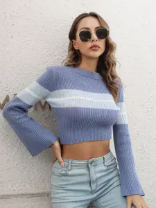 StyleCast Women Blue & White Striped Crop Pullover