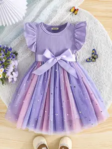 INCLUD Girl's Flutter Sleeve Fit & Flare Dress Comes with a belt