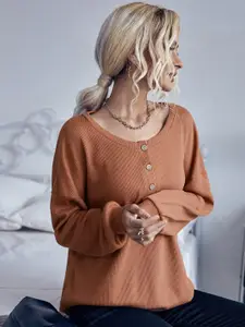 StyleCast Brown Ribbed Round Neck Cotton Pullover Sweater