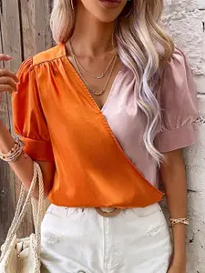 StyleCast Colourblocked Puff Sleeves Wrap Top