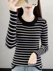 KPOP Women Striped Round Neck Long Sleeves Pullover Sweaters