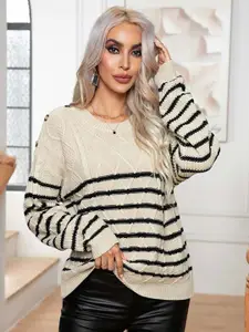 StyleCast Beige & Black Striped Acrylic Pullover Sweater