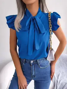 StyleCast Blue Tie-Up Neck Flutter Sleeve Top