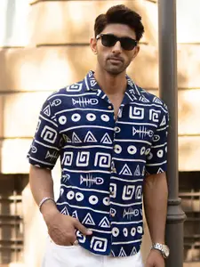 Powerlook Men Oversized Fit Typography Printed Cuban Collar Cotton Casual Shirt