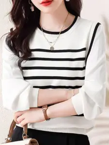 KPOP Women Striped Round Neck Long Sleeves Pullover Sweater