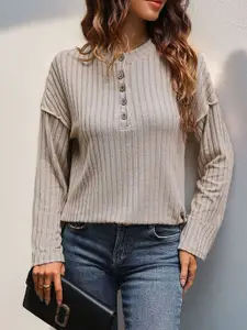 StyleCast Beige Vertical Striped High Neck Top