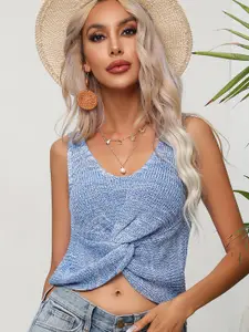 StyleCast Blue Self Design Sleeveless Crop Top