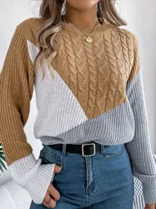 StyleCast x Revolte Women Colourblocked Cable Knit Pullover