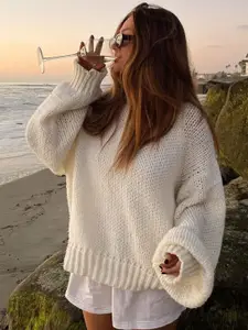 StyleCast Women Self Design Open Knit Woollen Pullover Sweater