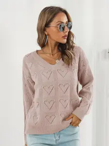 StyleCast Women Pink Self Design Long Sleeves Sweaters Pullover