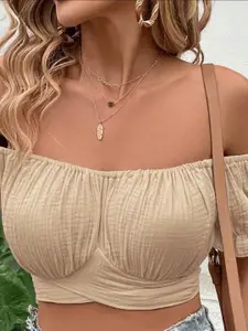 StyleCast Women Off-Shoulder Puff Sleeve Bardot Crop Top