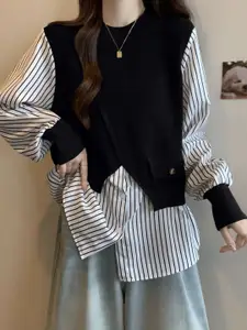 KPOP Women Striped Cotton Round Neck Long Sleeves Pullover Sweaters