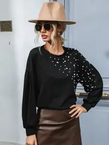 StyleCast Black Embellished Puff Sleeves Beads Detail Top