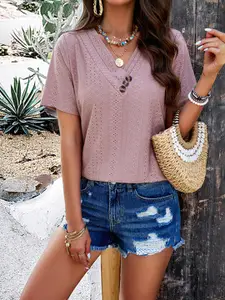 StyleCast Pink Floral Printed V-Neck Short Sleeves Cut Out Regular Top