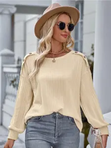 StyleCast Cream-Coloured Self Design Cuffed Sleeves Top