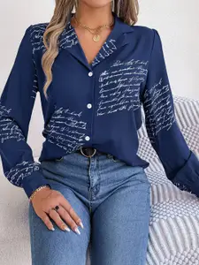 StyleCast Navy Blue Typography Printed Cuban Collar Casual Shirt