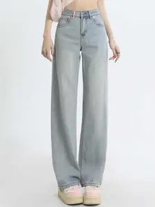 StyleCast Women Straight Fit High-Rise Light Fade Embroidered Jeans