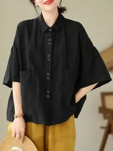 StyleCast Black Shirt Collar Drop Shoulder Cotton Casual Shirt