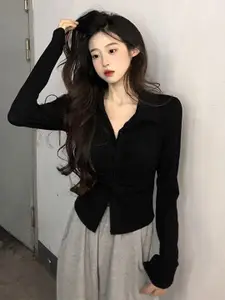 StyleCast Black Shirt Collar Gathered Shirt Style Top