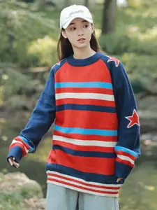StyleCast x Revolte Men Striped Colourblocked Longline Pullover Sweaters