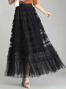 StyleCast Black Frills and Ruffles Flared Maxi Skirt