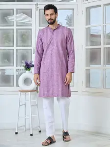 See Designs Floral Embroidered Mandarin Collar Thread Work Straight Kurta