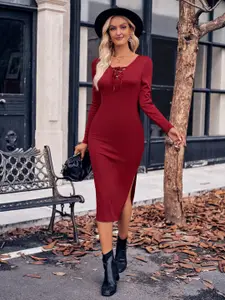 StyleCast Red Tie-Up Neck Side Slit Bodycon Midi Dress