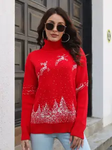 StyleCast Turtle Neck Printed Acrylic Pullover with Embroidered Detail