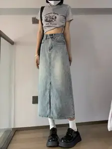 StyleCast Solid Pure Cotton A-Line Denim Midi Skirt