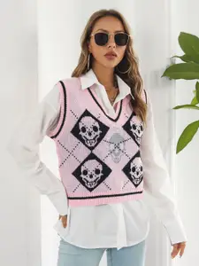 StyleCast Women Pink & Black Printed Sweater Vest