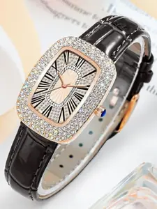 SZN Women Embellished Dial & Leather Straps Analogue Watch Diamond lady BlackkSZN