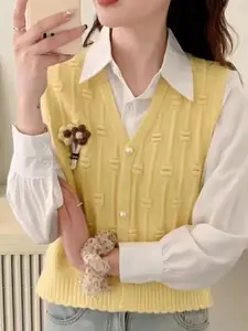 KPOP Women Floral V-Neck Sleeveless Front-Open Sweater