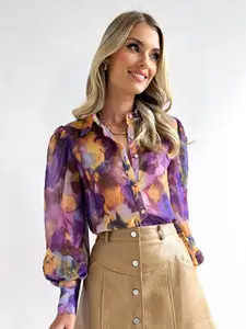 StyleCast Purple & Orange Floral Printed Casual Shirt