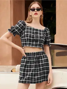 StyleCast x Revolte Checked Square Neck Short Sleeves Top With Skirt