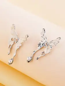 VAGHBHATT Silver-Plated Pearls Beaded Butterfly Shaped Drop Earrings