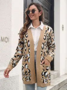 StyleCast Women Beige Animal Printed Longline Sweater