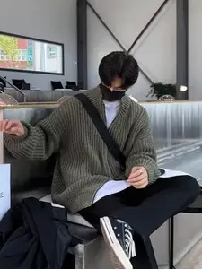 StyleCast x Revolte Men Mock Collar Front-Open Self Design Cable Knit