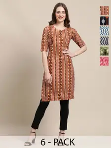 7Threads Selection Of 6 Geometric Printed Round Neck Straight Kurtas