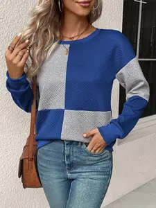 StyleCast Blue Colourblocked Round Neck Long Sleeves Sweatshirt
