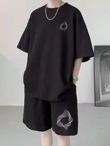 StyleCast Black Printed Round Neck Short Sleeves Casual T-Shirt With Shorts