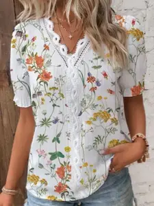 StyleCast V Neck Puff Sleeves Floral Print Shirt Style Top