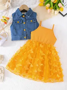 INCLUD Girls  Butterfly Applique Fit & Flare Dress With Sleeveless Denim Jacket