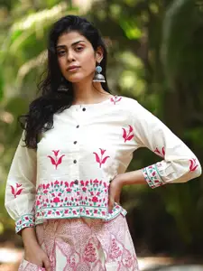 Chidiyaa MMG Iris Innocence Ivory Block Printed Pure Cotton Round Neck Saree Blouse