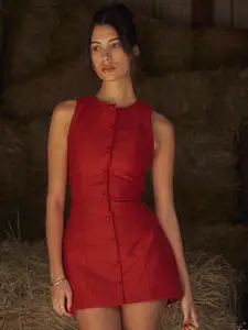 StyleCast x Revolte Red Round Neck Sheath Mini Dress