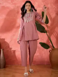 Sangria Embroidered Short Top & Trousers Co-Ord Set