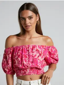 StyleCast Pink Floral Printed Off-Shoulder Puff Sleeve Bardot Crop Top
