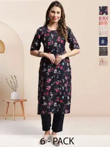 7Threads Pack of 6 Women Ethnic Motifs Printed Thread Work Floral Crepe Kurta